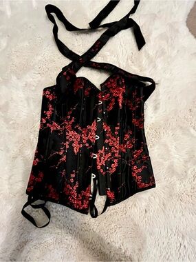Black Satin Halter Corset Top with Red Floral Accents